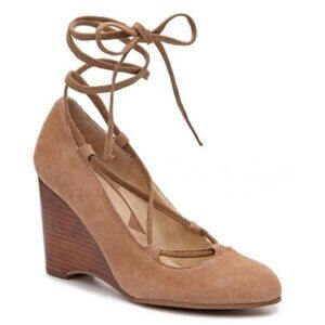 Adrienne Vittadini NEW Smily Tan Suede Ankle Wrap Wedge Shoes Size 8.5M